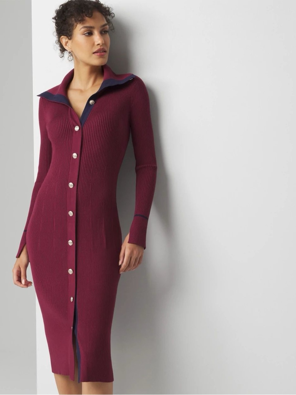 WHBM Ribbed Sweater Dress Cardigan Burgundy Button Front XL